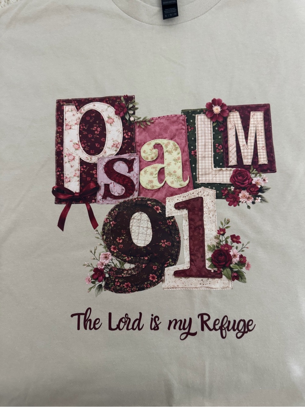 Hand Crafted Sage Short Sleeve Tee with Burgundy & Pink Floral Appliqué